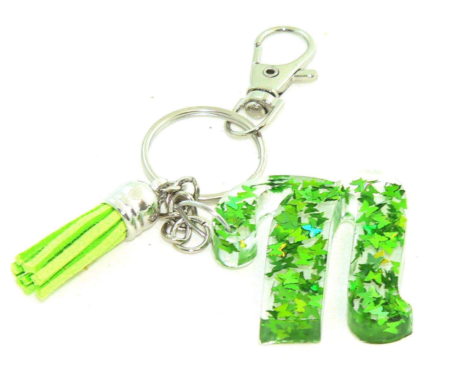 Personalized Holographic Green Butterfly Confetti Resin Keychain: Initial Charm for Bags Accessories