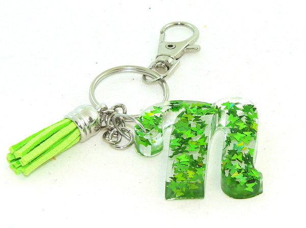 Personalized Holographic Green Butterfly Confetti Resin Keychain: Initial Charm for Bags Accessories
