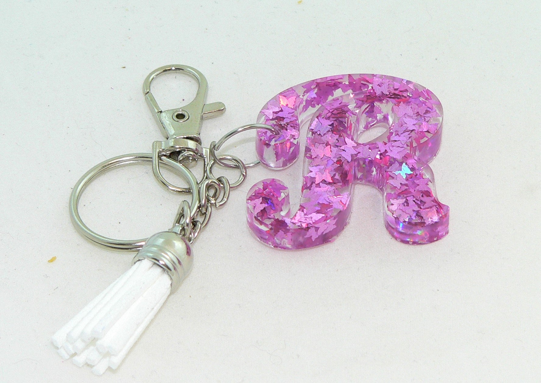 Personalized Holographic Purple Butterfly Confetti Resin Keychain: Initial Charm for Bags Accessories