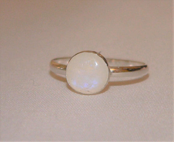 Sterling Silver Moonstone Ring 8mm Blue Flash Rainbow Gemstone Handmade Adjustable Gift Jewelry