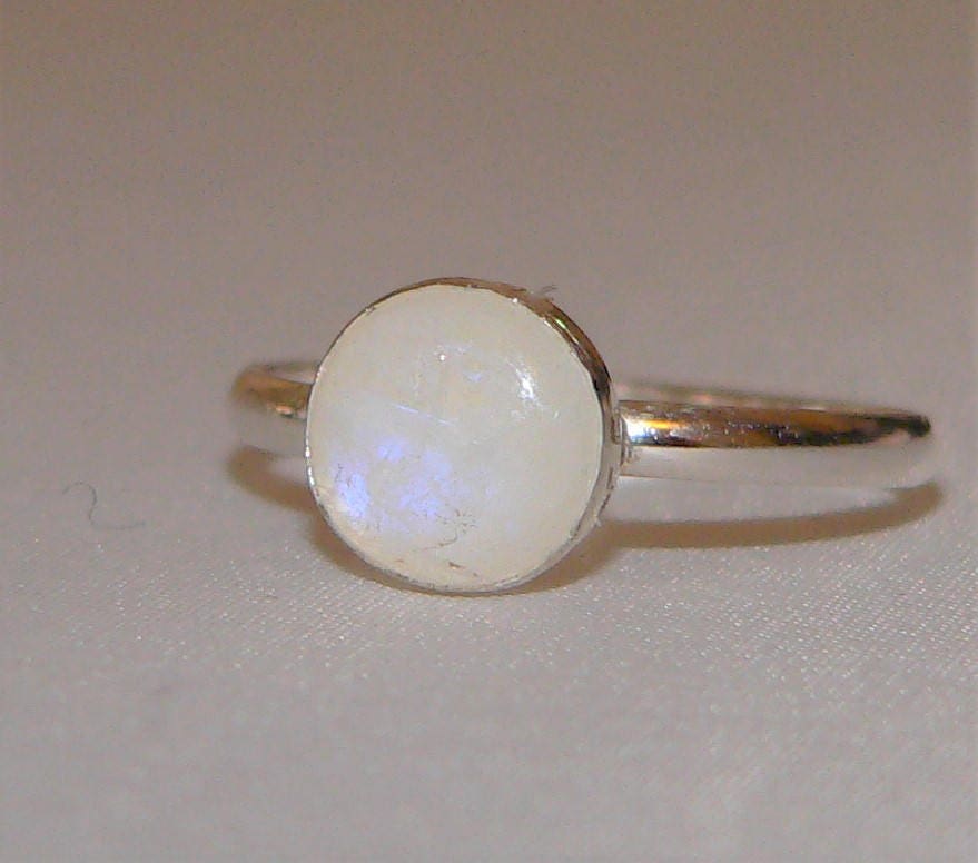 Sterling Silver Moonstone Ring 8mm Blue Flash Rainbow Gemstone Handmade Adjustable Gift Jewelry