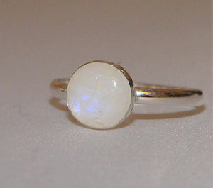 Sterling Silver Moonstone Ring 8mm Blue Flash Rainbow Gemstone Handmade Adjustable Gift Jewelry