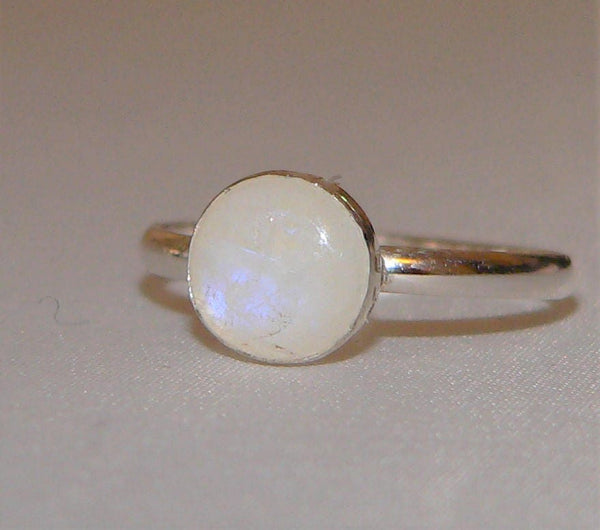 Sterling Silver Moonstone Ring 8mm Blue Flash Rainbow Gemstone Handmade Adjustable Gift Jewelry