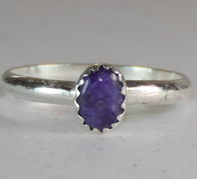 Handcrafted Purple Charoite Oval Ring - Sterling Silver Statement Jewelry for Women