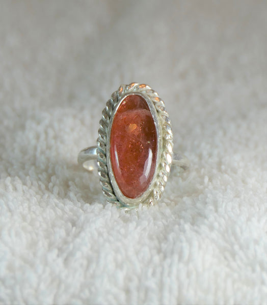 Oval Sunstone Sterling Silver Ring - Boho Chic Bezel Set Gemstone Jewelry, Size 8