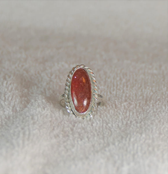 Oval Sunstone Sterling Silver Ring - Boho Chic Bezel Set Gemstone Jewelry, Size 8