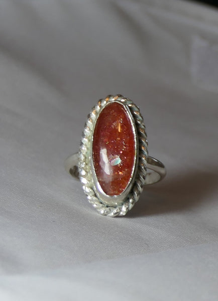 Oval Sunstone Sterling Silver Ring - Boho Chic Bezel Set Gemstone Jewelry, Size 8