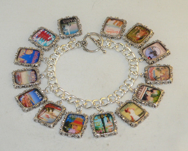 Retro Vintage Altered Art World Travel Charm Bracelet Original Design Retro Gift For Her Altered Art Travel Bracelet