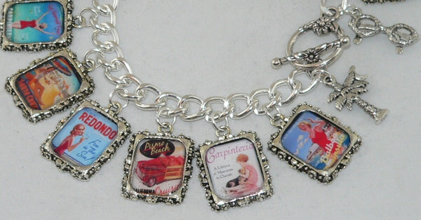 Retro Artisan Charm Bracelet with Vintage California Beach Vibes Vintage California Altered Art Bracelet