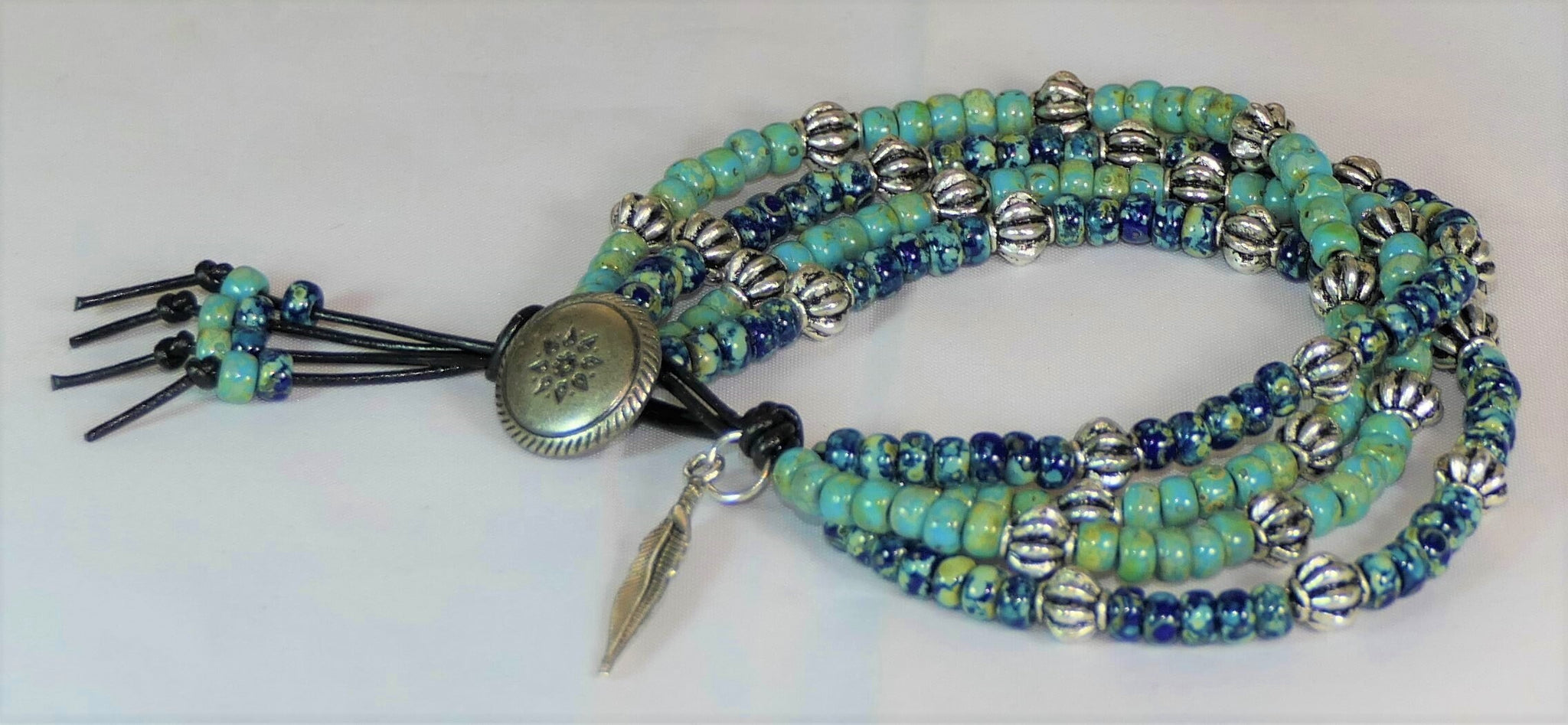 Southwestern 4-Strand Leather Wrap Bracelet with Turquoise, Lapis & Seed Beads - Adjustable 7-9 Inches
