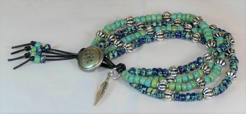 Southwestern 4-Strand Leather Wrap Bracelet with Turquoise, Lapis & Seed Beads - Adjustable 7-9 Inches