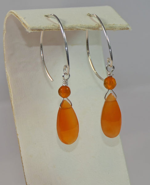 Unique Faceted Orange Gemstone Teardrop Briolette Earrings in Sterling Silver Carnelian Hifts For Her