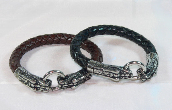 Men's Stainless Steel Leather Viking Bracelet Snake