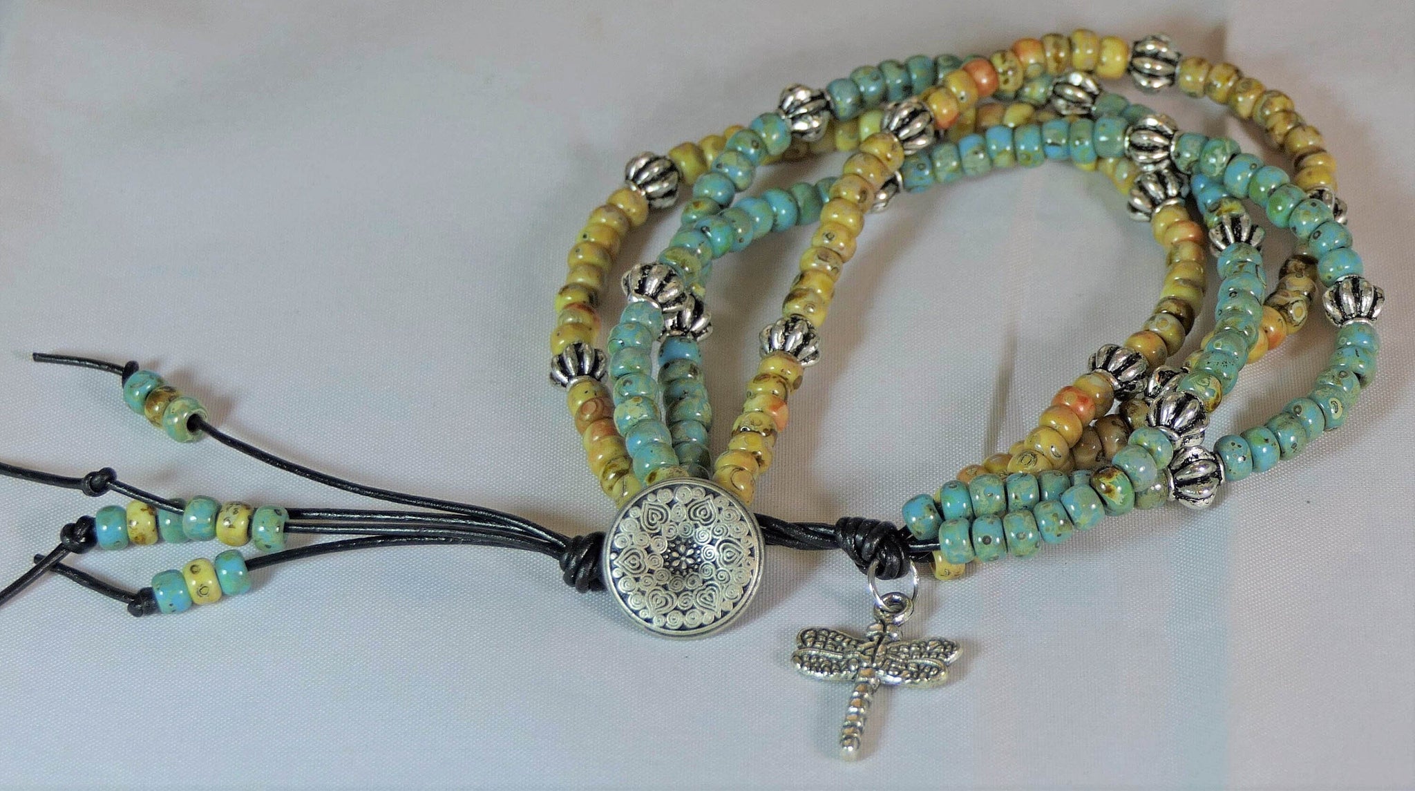 Four Strand Dragonfly Button Leather Wrap Bracelet