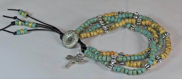 Four Strand Dragonfly Button Leather Wrap Bracelet