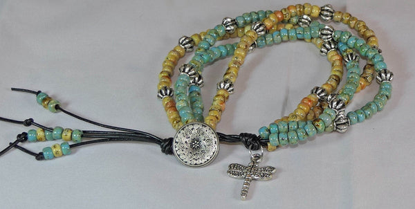 Four Strand Dragonfly Button Leather Wrap Bracelet