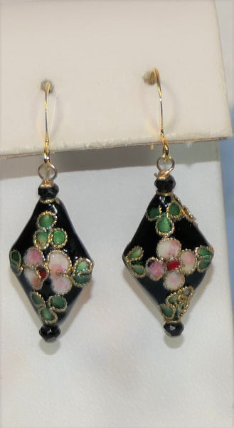 Gold Filled Black Pink Cloisonne Spinel Earrings