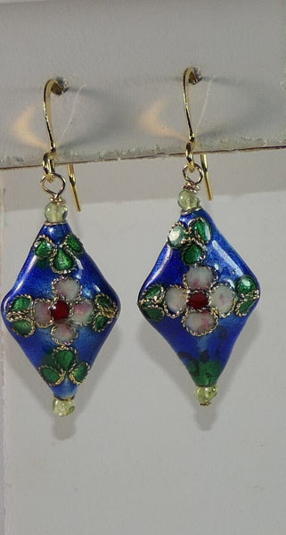 Gold Filled Blue Pink Cloisonne Peridot Earrings