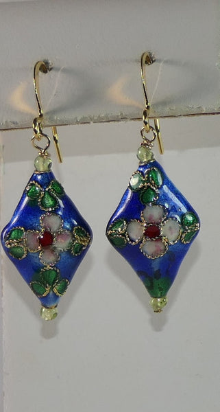 Gold Filled Blue Pink Cloisonne Peridot Earrings
