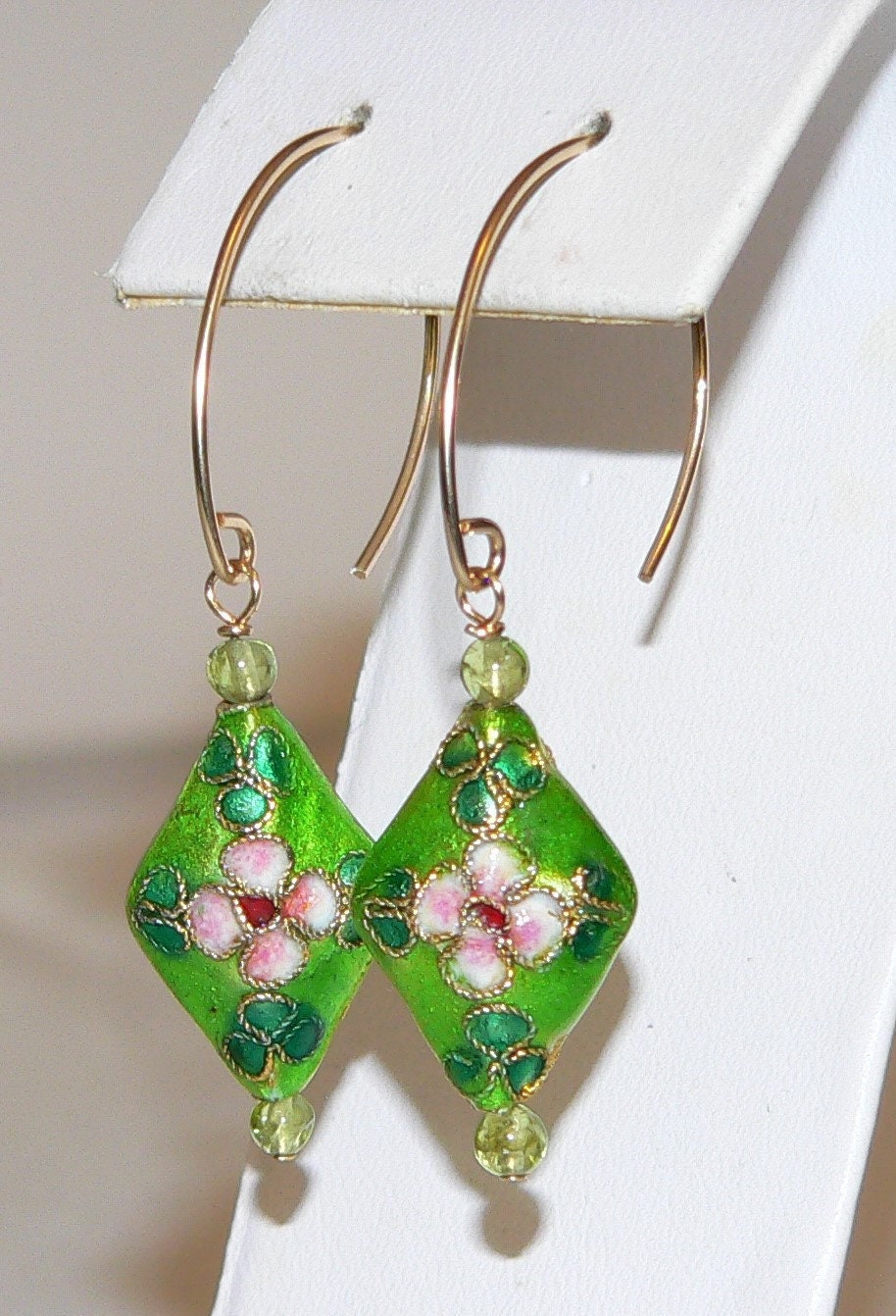 Gold Filled Green Pink Cloisonne Peridot Earrings