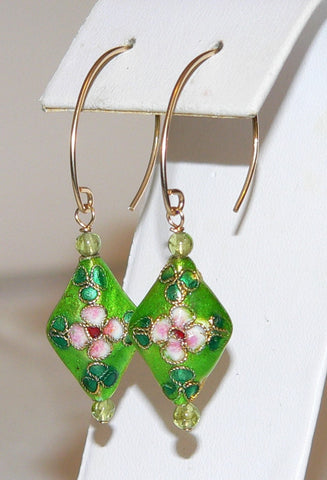 Gold Filled Green Pink Cloisonne Peridot Earrings