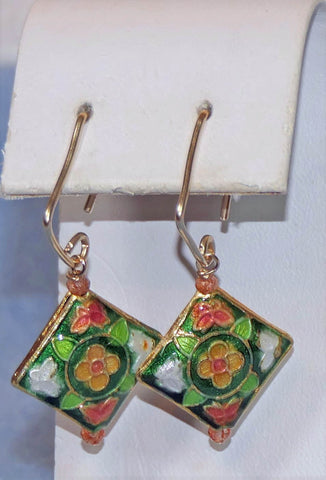 Gold FIlled Coral Green Cloisonne Sunstone Earrings