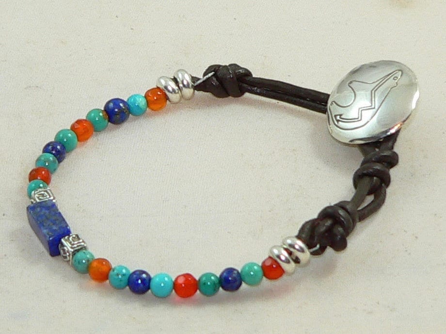 Turquoise Lapis Zuni Bear Button Bracelet Zuni Bear Heartbeat Lifeline Sundance Style Bracelet