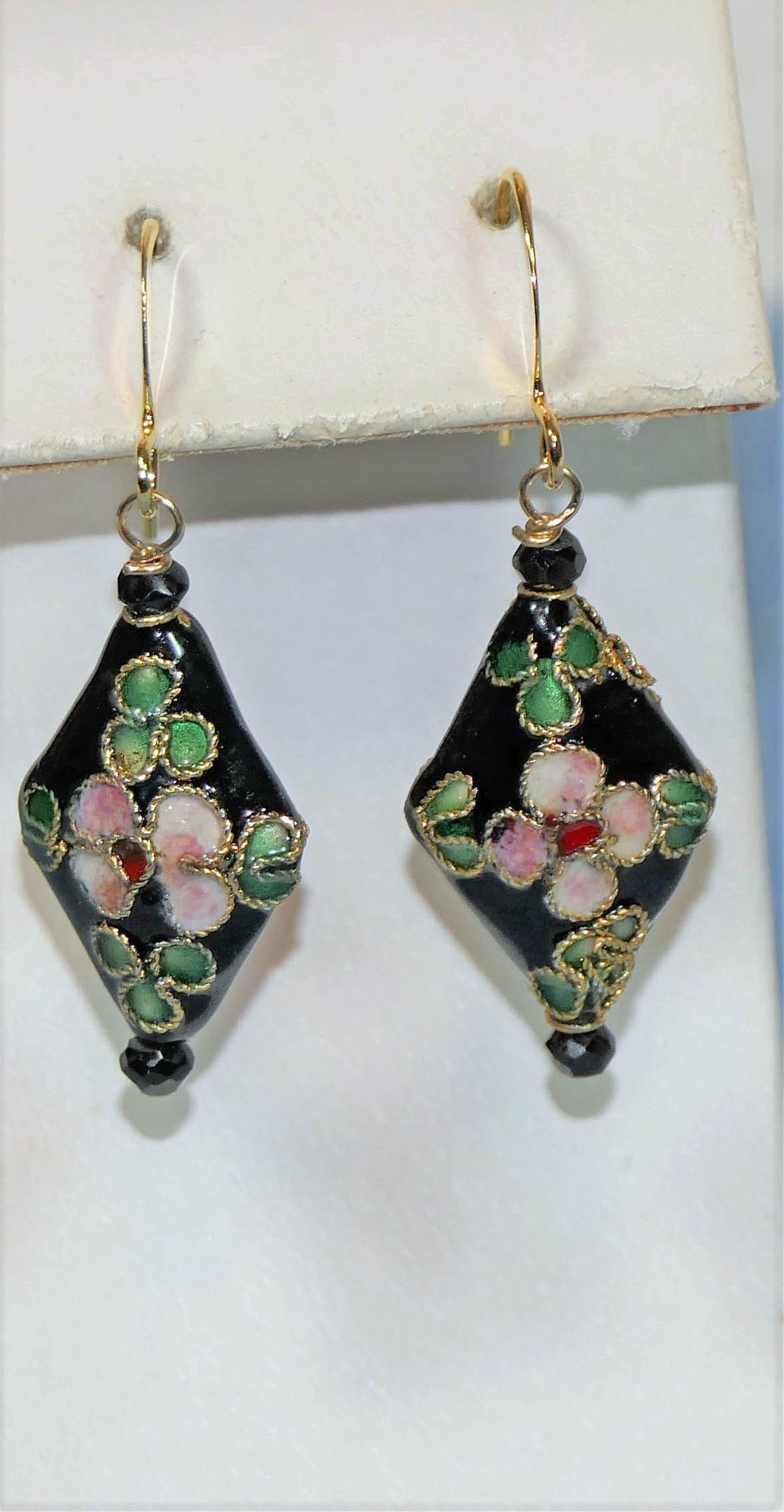 Gold Filled Black Pink Cloisonne Spinel Earrings