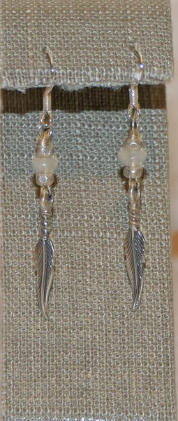Feather White Rainbow Moonstone Feather Earrings