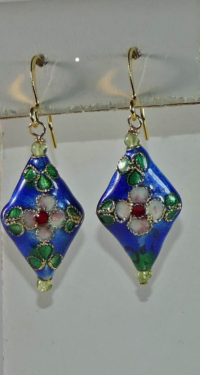 Gold Filled Blue Pink Cloisonne Peridot Earrings