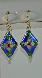 Gold Filled Blue Pink Cloisonne Peridot Earrings