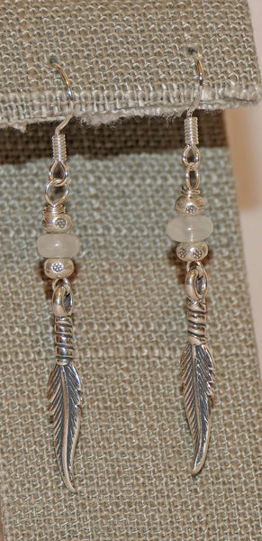 Feather White Rainbow Moonstone Feather Earrings