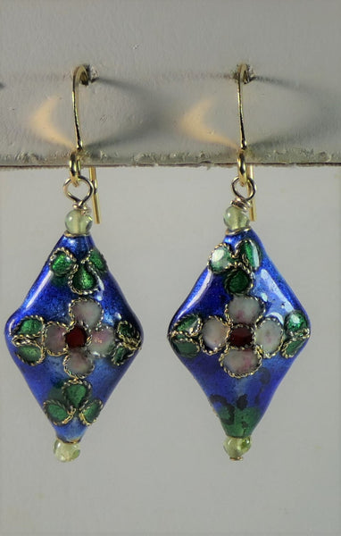 Gold Filled Blue Pink Cloisonne Peridot Earrings