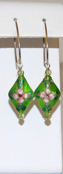 Gold Filled Green Pink Cloisonne Peridot Earrings