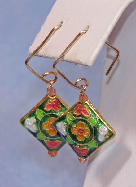Gold FIlled Coral Green Cloisonne Sunstone Earrings
