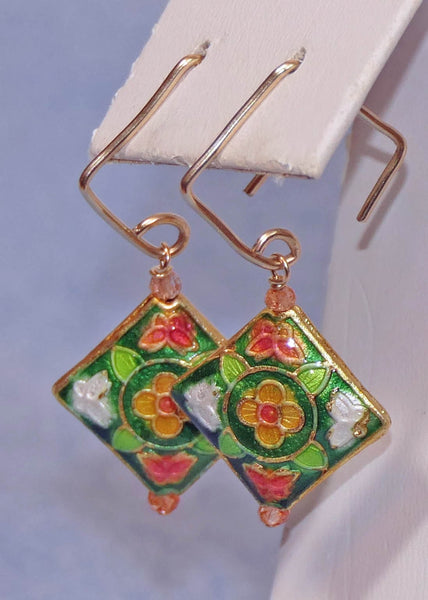 Gold FIlled Coral Green Cloisonne Sunstone Earrings
