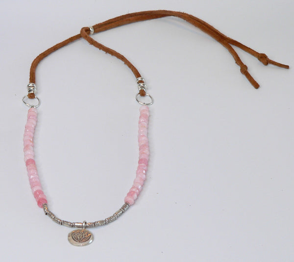 Pink Peruvian Opal Beaded Gemstone Necklace with Lotus Pendant Adjustable Punk Opal Necklace