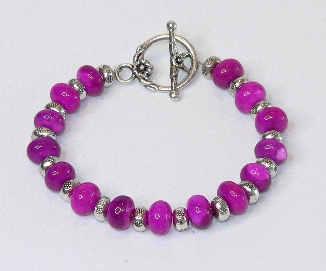 Hot Pink Fuchsia Gemstone Bracelet with Toggle Clasp and Raspberry Beads Gifts For Her Bali Bracelet Bright Pink Bracelet Fuchsia Gemstones