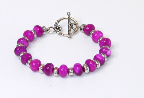 Hot Pink Fuchsia Gemstone Bracelet with Toggle Clasp and Raspberry Beads Gifts For Her Bali Bracelet Bright Pink Bracelet Fuchsia Gemstones