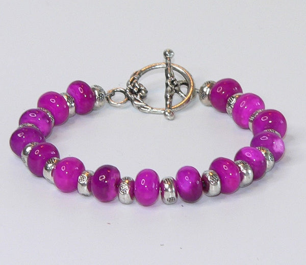 Hot Pink Fuchsia Gemstone Bracelet with Toggle Clasp and Raspberry Beads Gifts For Her Bali Bracelet Bright Pink Bracelet Fuchsia Gemstones