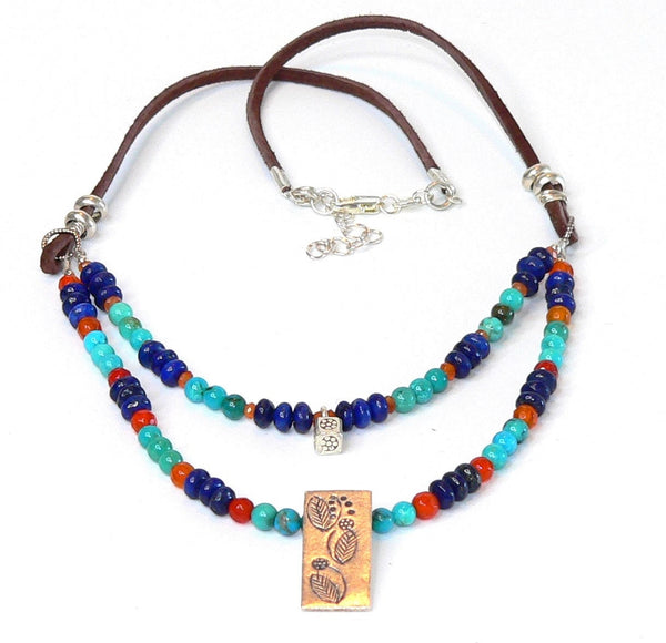 Unique Beaded Gemstone Necklace with Turquoise, Lapis and Thai Silver Turquoise Gift For Her