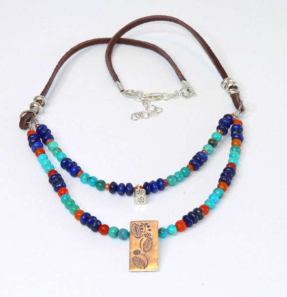 Unique Beaded Gemstone Necklace with Turquoise, Lapis and Thai Silver Turquoise Gift For Her