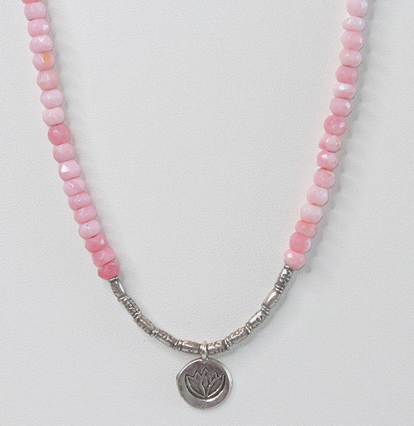 Pink Peruvian Opal Beaded Gemstone Necklace with Lotus Pendant Adjustable Punk Opal Necklace