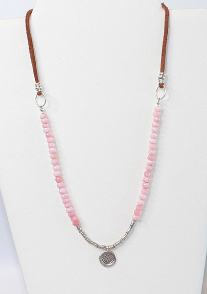 Pink Peruvian Opal Beaded Gemstone Necklace with Lotus Pendant Adjustable Punk Opal Necklace