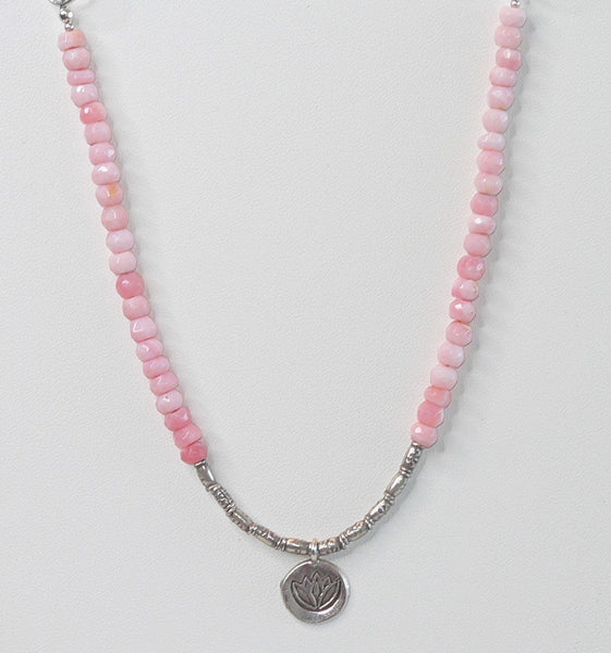 Pink Peruvian Opal Beaded Gemstone Necklace with Lotus Pendant Adjustable Punk Opal Necklace