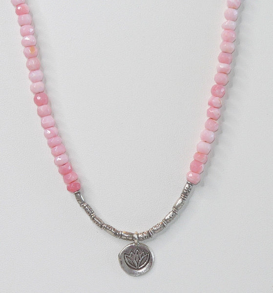 Pink Peruvian Opal Beaded Gemstone Necklace with Lotus Pendant Adjustable Punk Opal Necklace