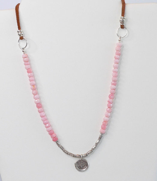 Pink Peruvian Opal Beaded Gemstone Necklace with Lotus Pendant Adjustable Punk Opal Necklace