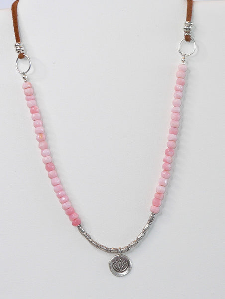 Pink Peruvian Opal Beaded Gemstone Necklace with Lotus Pendant Adjustable Punk Opal Necklace
