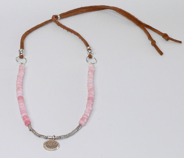 Pink Peruvian Opal Beaded Gemstone Necklace with Lotus Pendant Adjustable Punk Opal Necklace