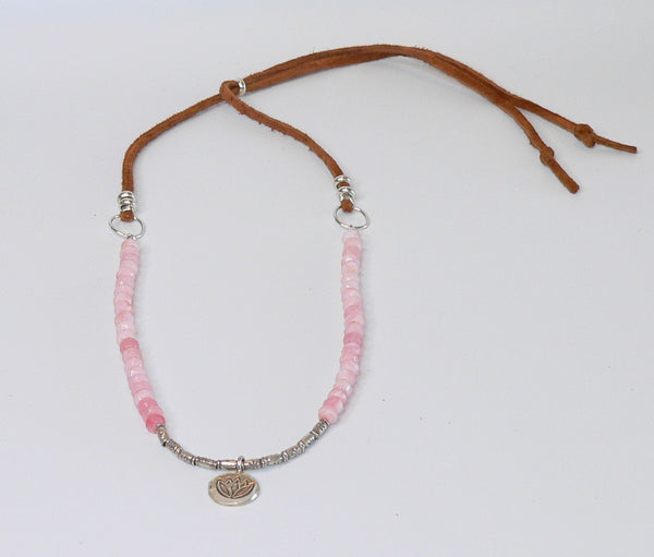 Pink Peruvian Opal Beaded Gemstone Necklace with Lotus Pendant Adjustable Punk Opal Necklace